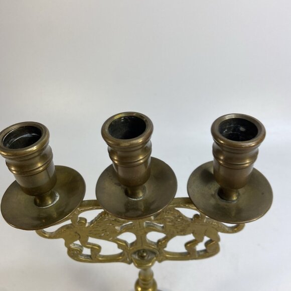Vintage Solid Brass Lion of Judah Candelabra 3 Candle Holder Jewish Sabbath 11in - Picture 4 of 6
